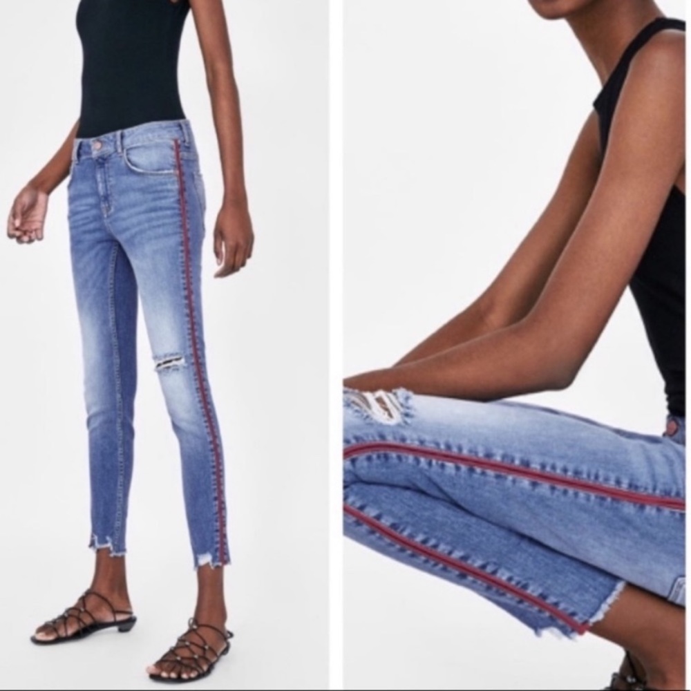 Zara Basic High Rise Denim Z1975  Skinny Jeans with a red double stripe.